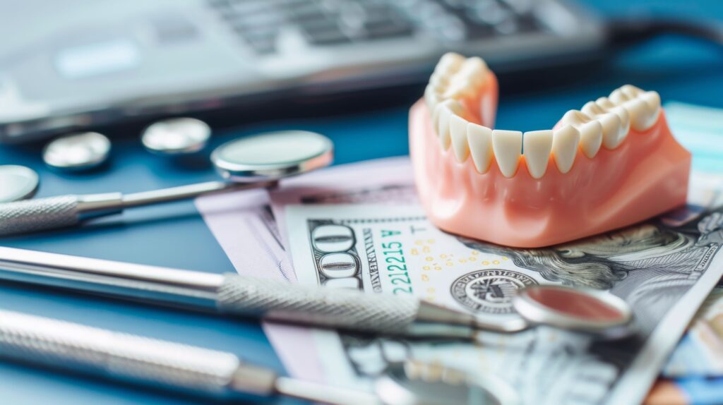 Lower arch of dentures on pile of money next to dental mirrors